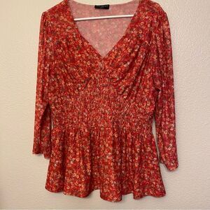 Lane Bryant micro Floral Print v Neck Peasant Prairie boho mesh Blouse red 14/16